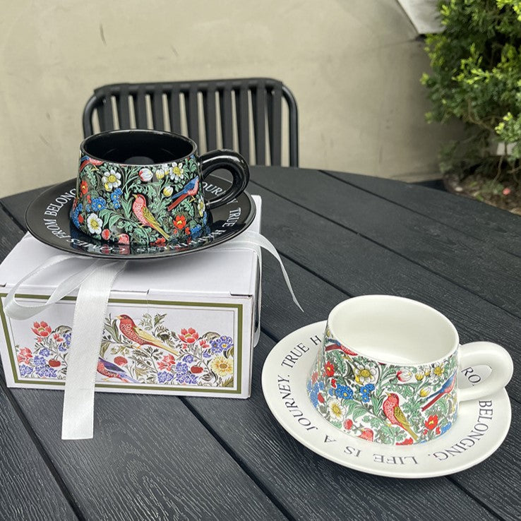 莫里斯風格復古花鳥陶瓷咖啡杯 Vintage Floral and Bird Ceramic Coffee Mug in Morris Style Aquafilo