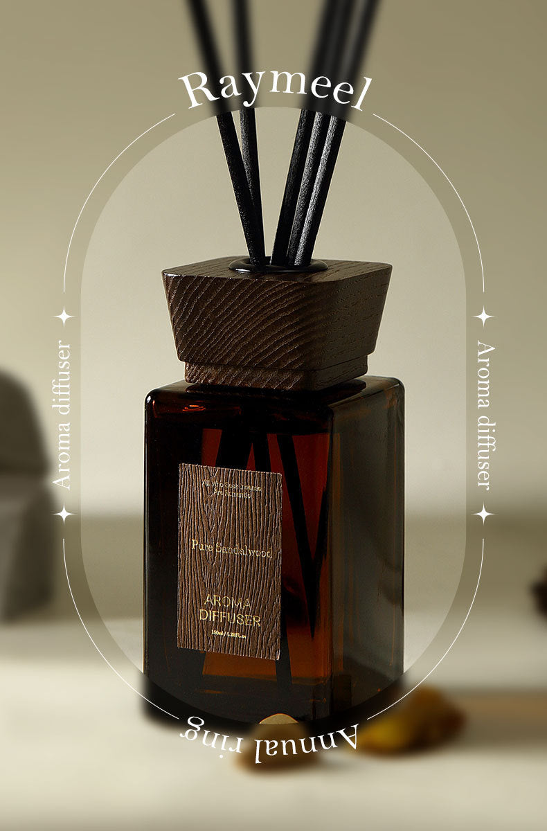 Aroma diffuser with wooden cap and label on a neutral background