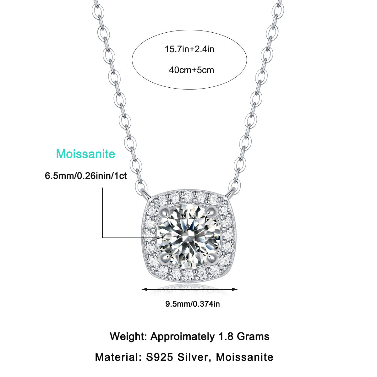 Silver necklace with moissanite pendant and measurement details on a white background