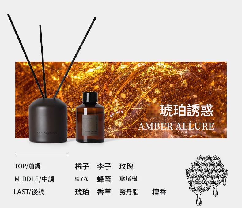 Aromatherapy diffuser set with bottle and sticks on a gold leaf background, labeled 'Amber Allure'.