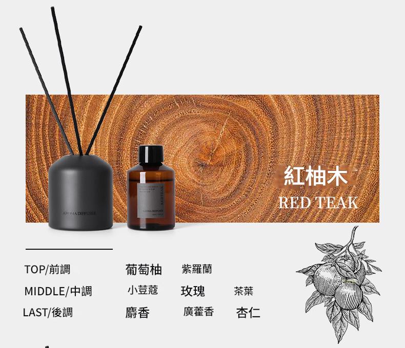 Aromatherapy diffuser set with a bottle labeled 'Red Teak' against a wooden background.
