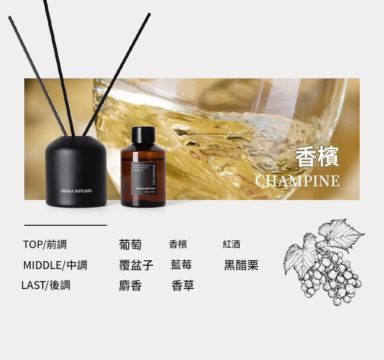 Aromatherapy diffuser set with bottle labeled 'Champine' on a white background.