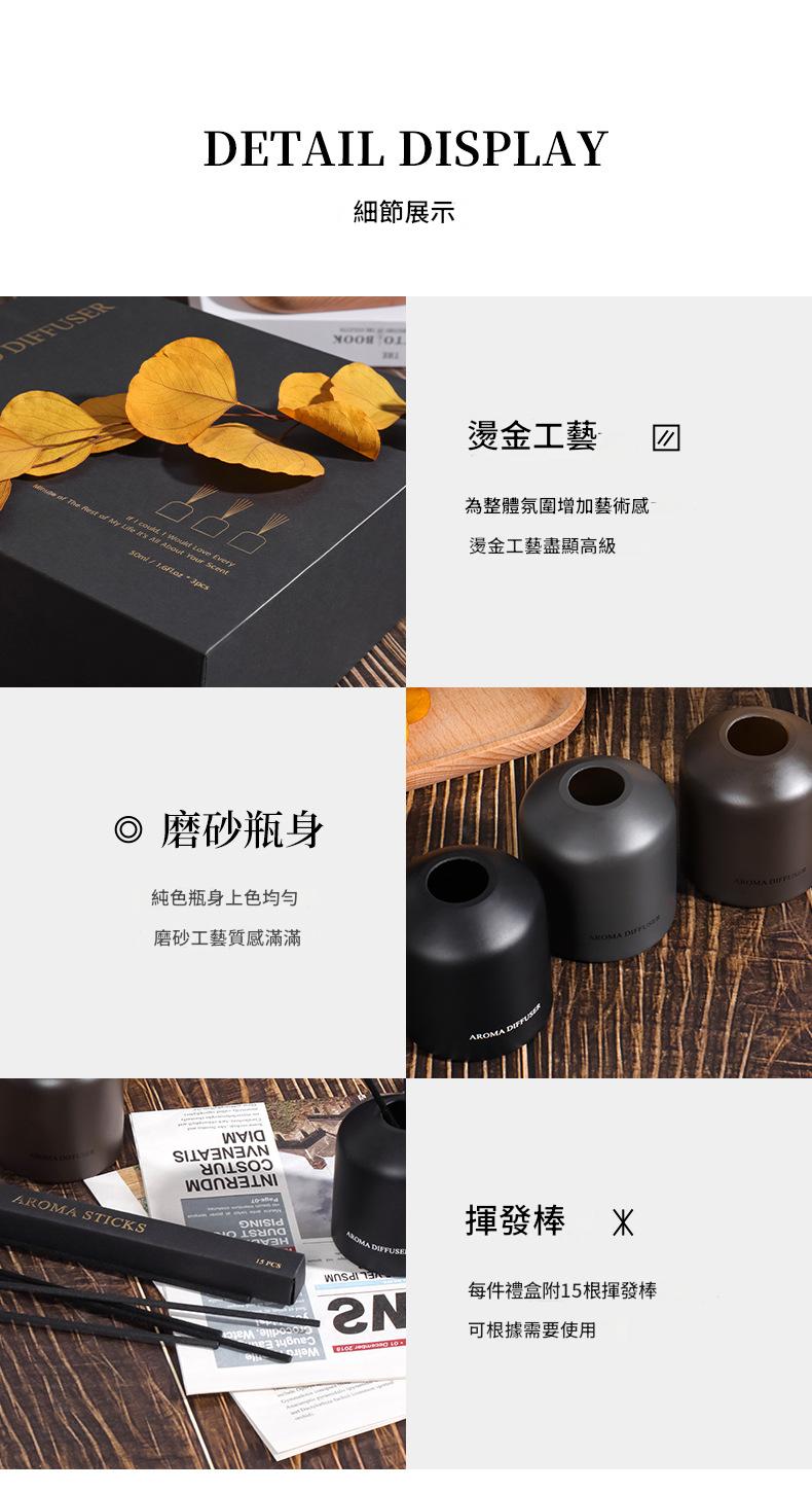 Product detail display with black containers and yellow leaves on a wooden surface.