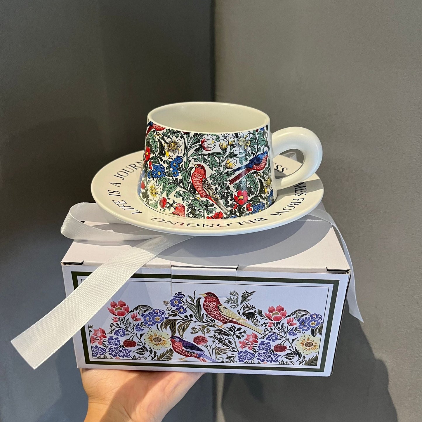 莫里斯風格復古花鳥陶瓷咖啡杯 Vintage Floral and Bird Ceramic Coffee Mug in Morris Style Aquafilo