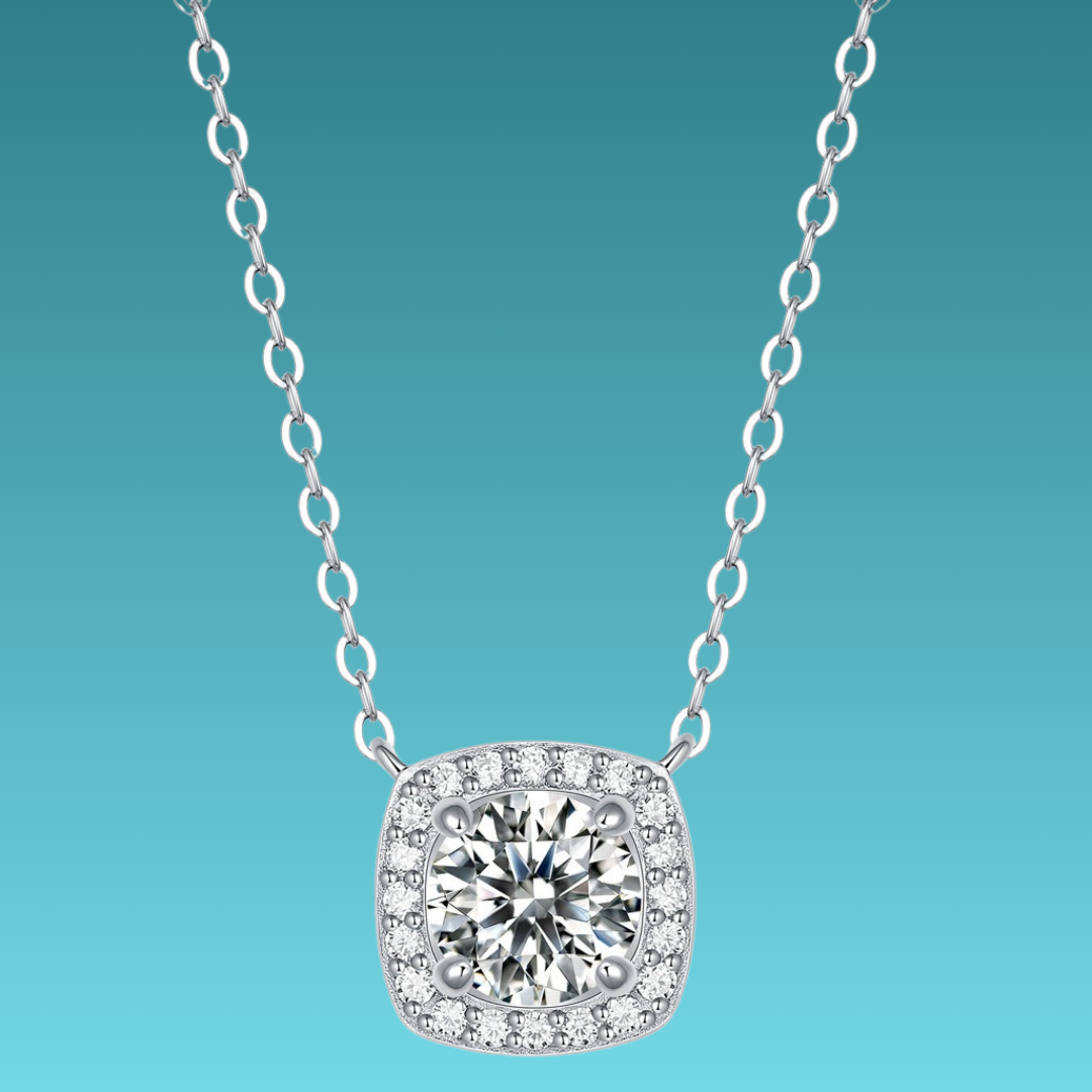 Diamond necklace on a teal background