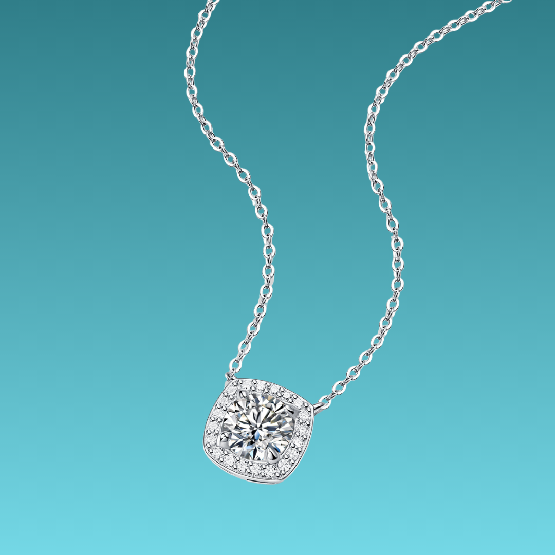 Diamond necklace on a teal background