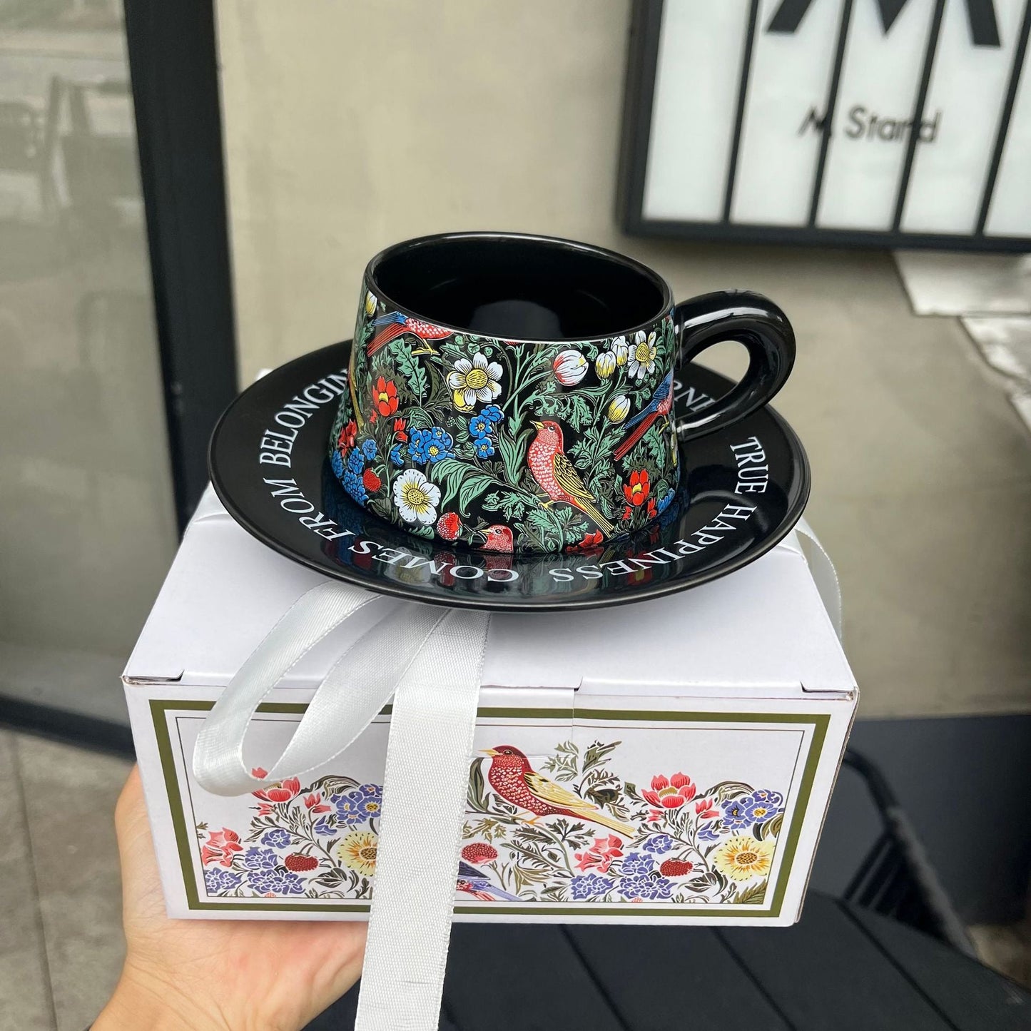 莫里斯風格復古花鳥陶瓷咖啡杯 Vintage Floral and Bird Ceramic Coffee Mug in Morris Style Aquafilo
