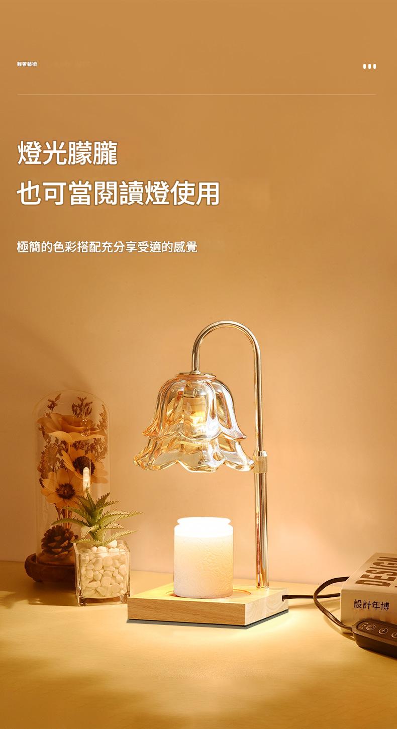 Table lamp with a warm glow on a wooden surface, with text in Chinese.