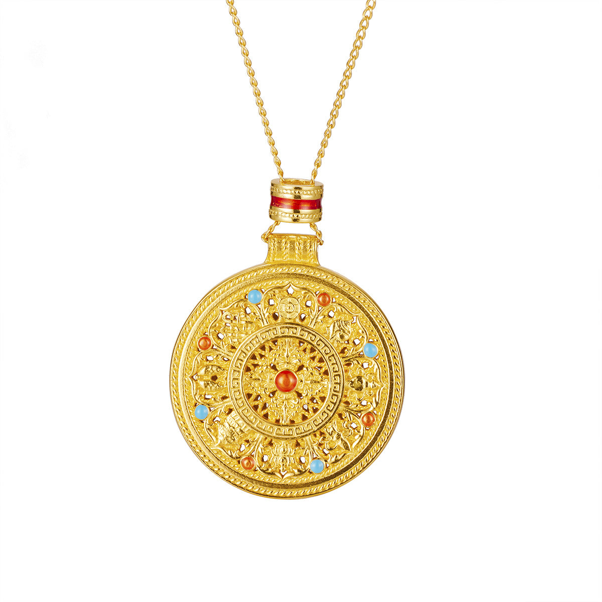 Gold necklace with a detailed pendant on a white background