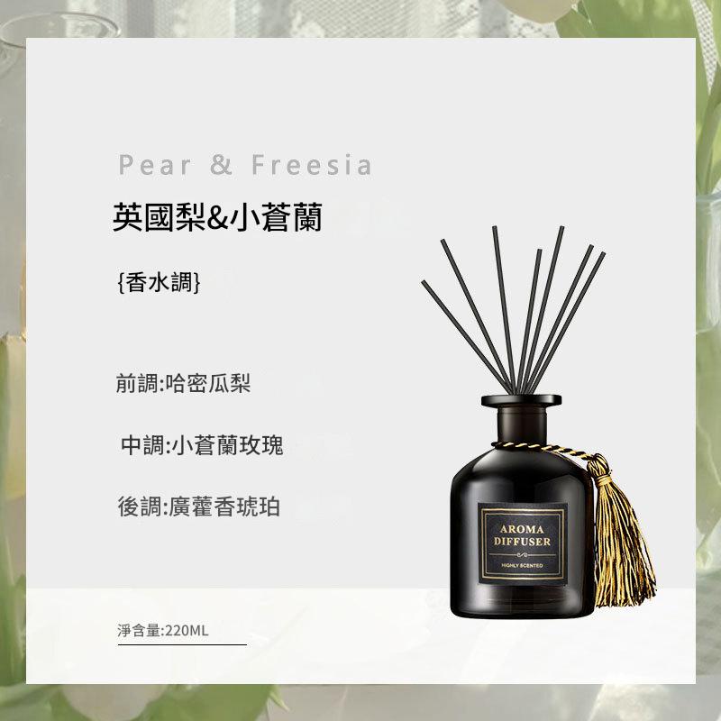 Aroma diffuser with black bottle and gold tassel on a white background with text.