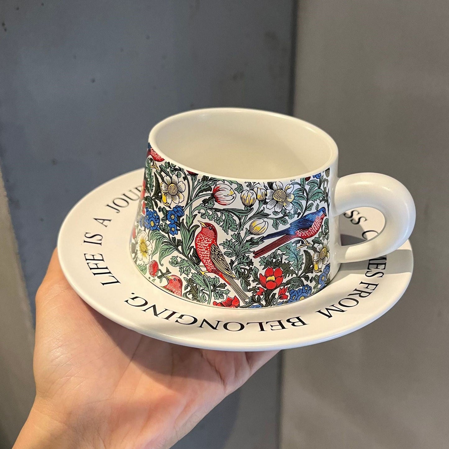 莫里斯風格復古花鳥陶瓷咖啡杯 Vintage Floral and Bird Ceramic Coffee Mug in Morris Style Aquafilo