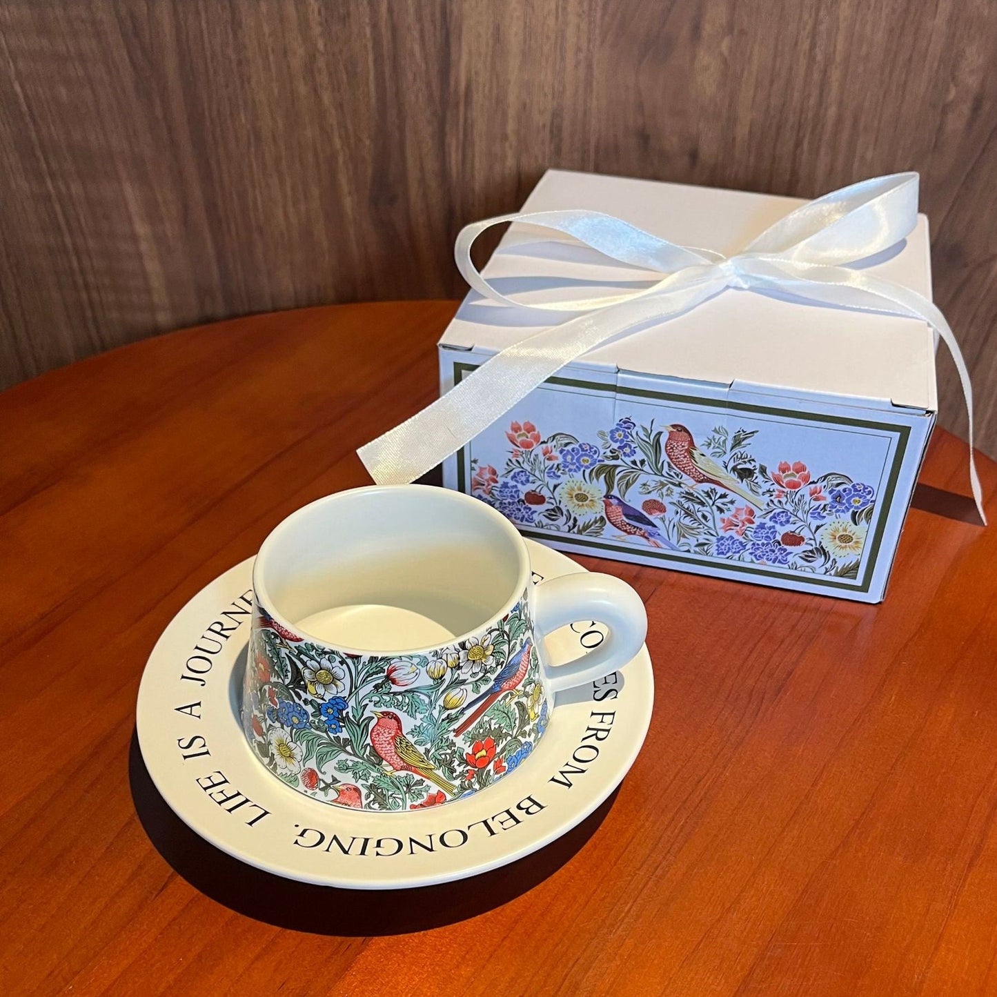 莫里斯風格復古花鳥陶瓷咖啡杯 Vintage Floral and Bird Ceramic Coffee Mug in Morris Style Aquafilo