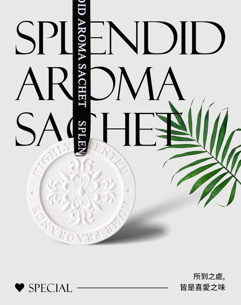 Aromatherapy sachet with decorative packaging and text on a white background