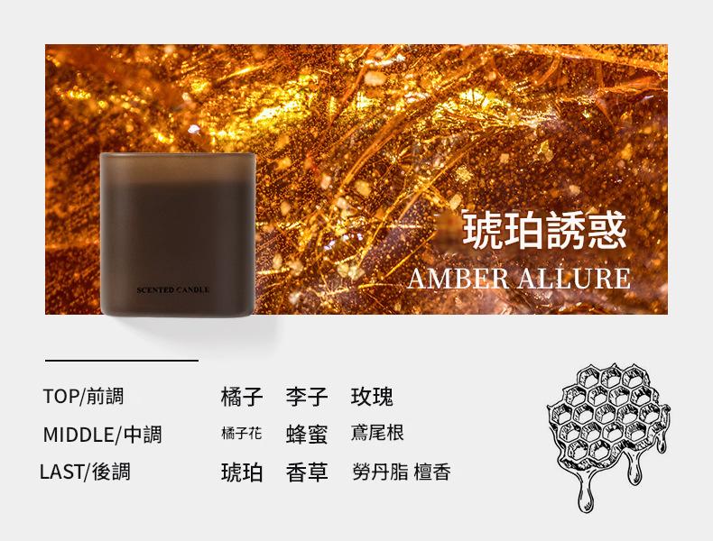 Candle labeled 'Amber Allure' with a honeycomb design and text on a textured background