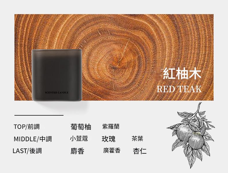 Black candle with 'WISDOM CANDLE' branding on a wooden background labeled 'Red Teak'.