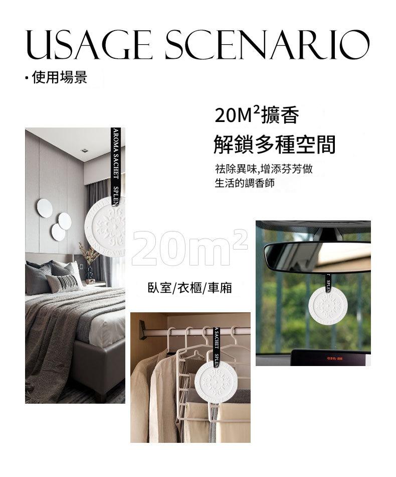 Usage scenario of a diffuser product with bedroom, closet, and car interior images.