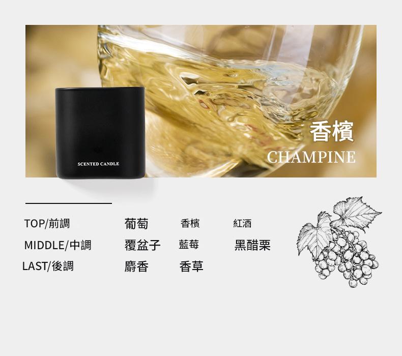 Scented candle labeled 'Champagne' with a glass of champagne in the background