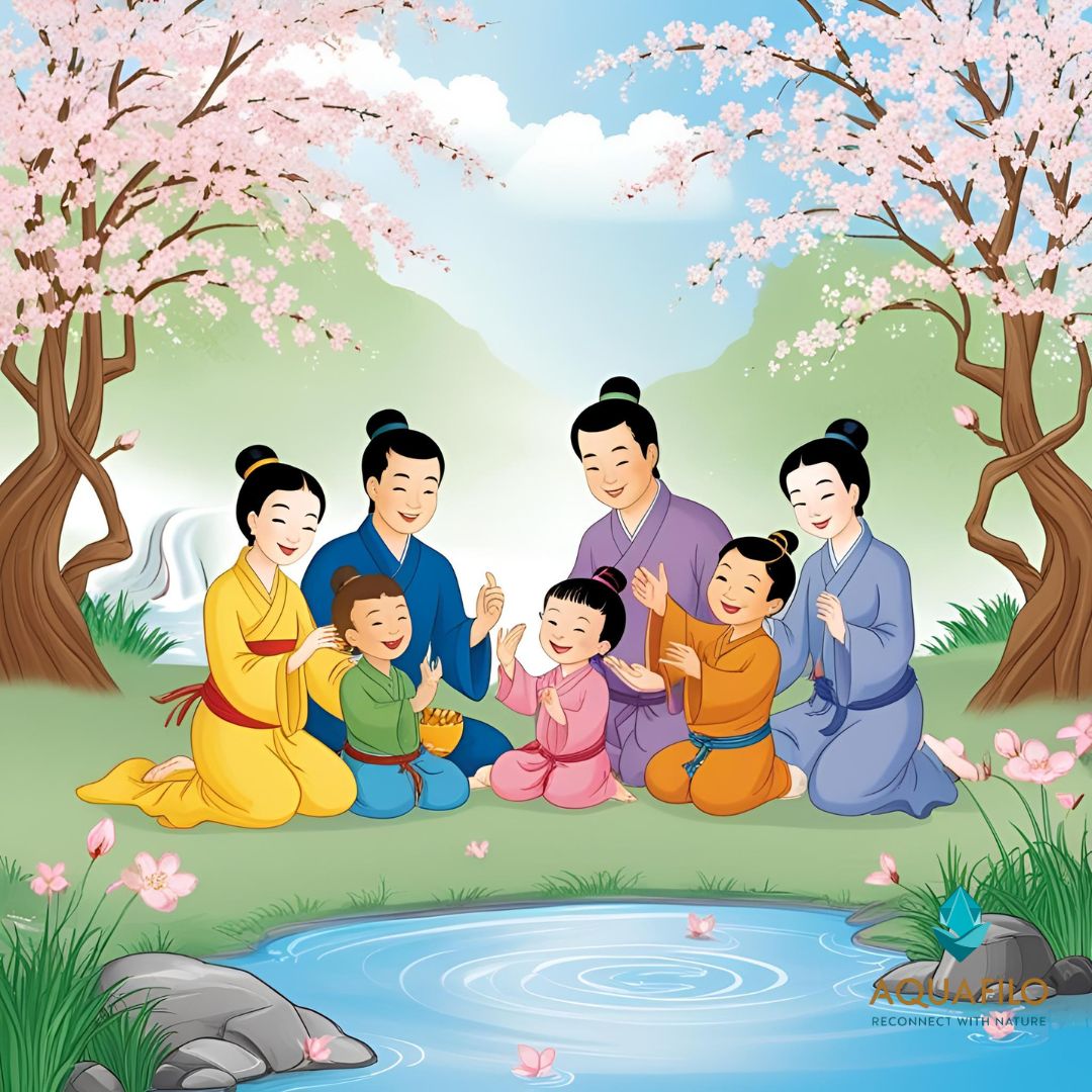 A harmonious family scene inspired by Taoist philosophy, showcasing balance and unity in a tranquil natural setting.