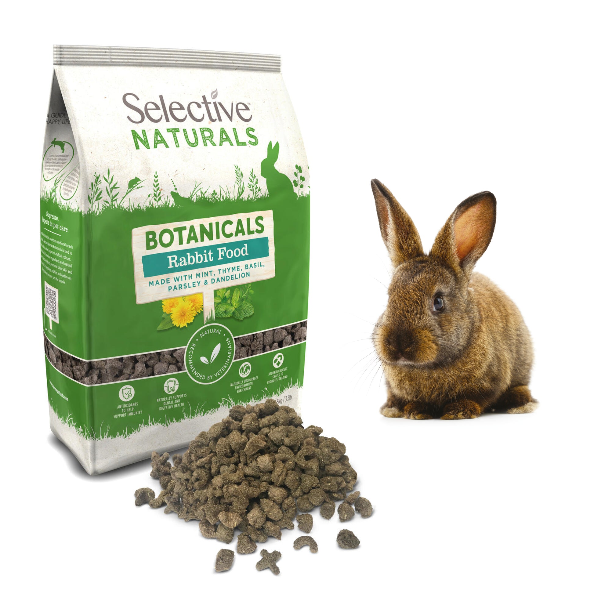 Bag of Selective Naturals Botanicals Rabbit Food with a rabbit on a white background