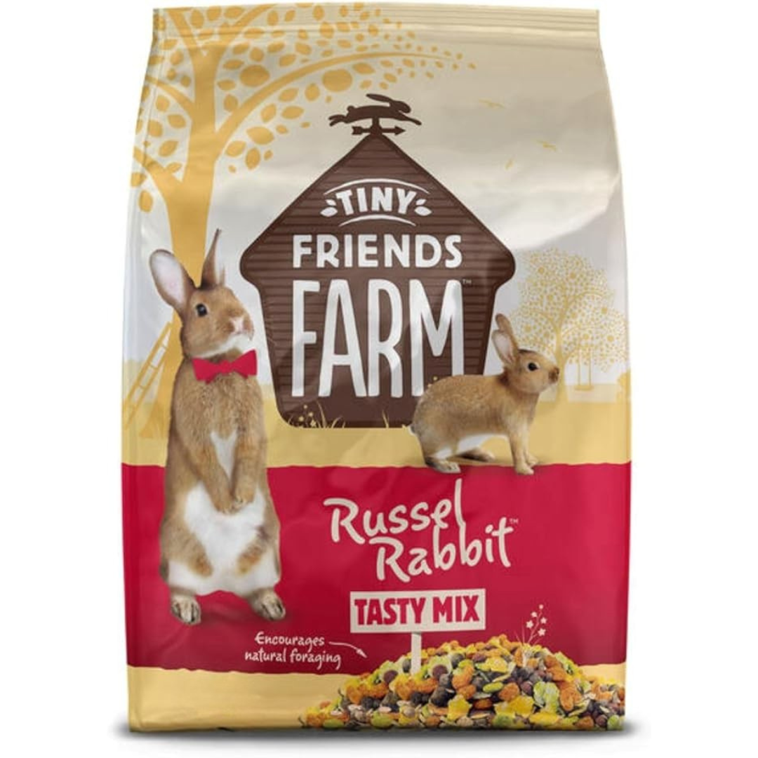 Bag of Tiny Friends Farm Russell Rabbit Tasty Mix with rabbit illustrations on a white background