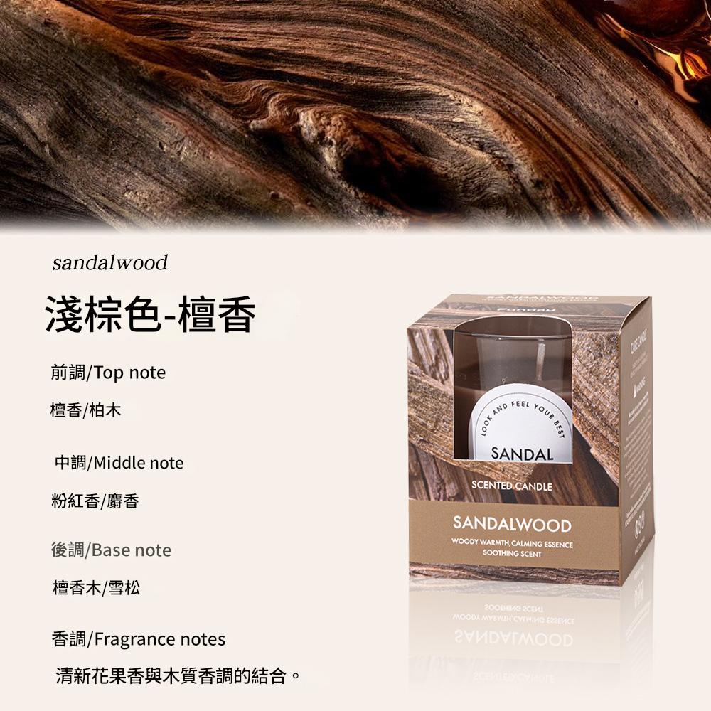 Sandalwood scented candle packaging with fragrance notes text on a wooden background