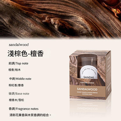 Sandalwood scented candle packaging with fragrance notes text on a wooden background