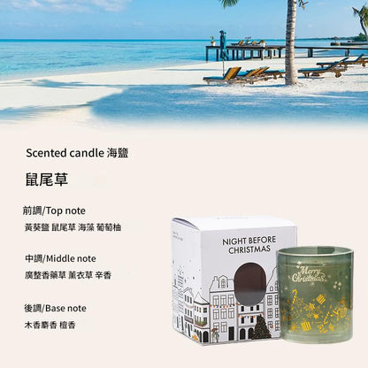 Scented candle with packaging on a tropical beach background
