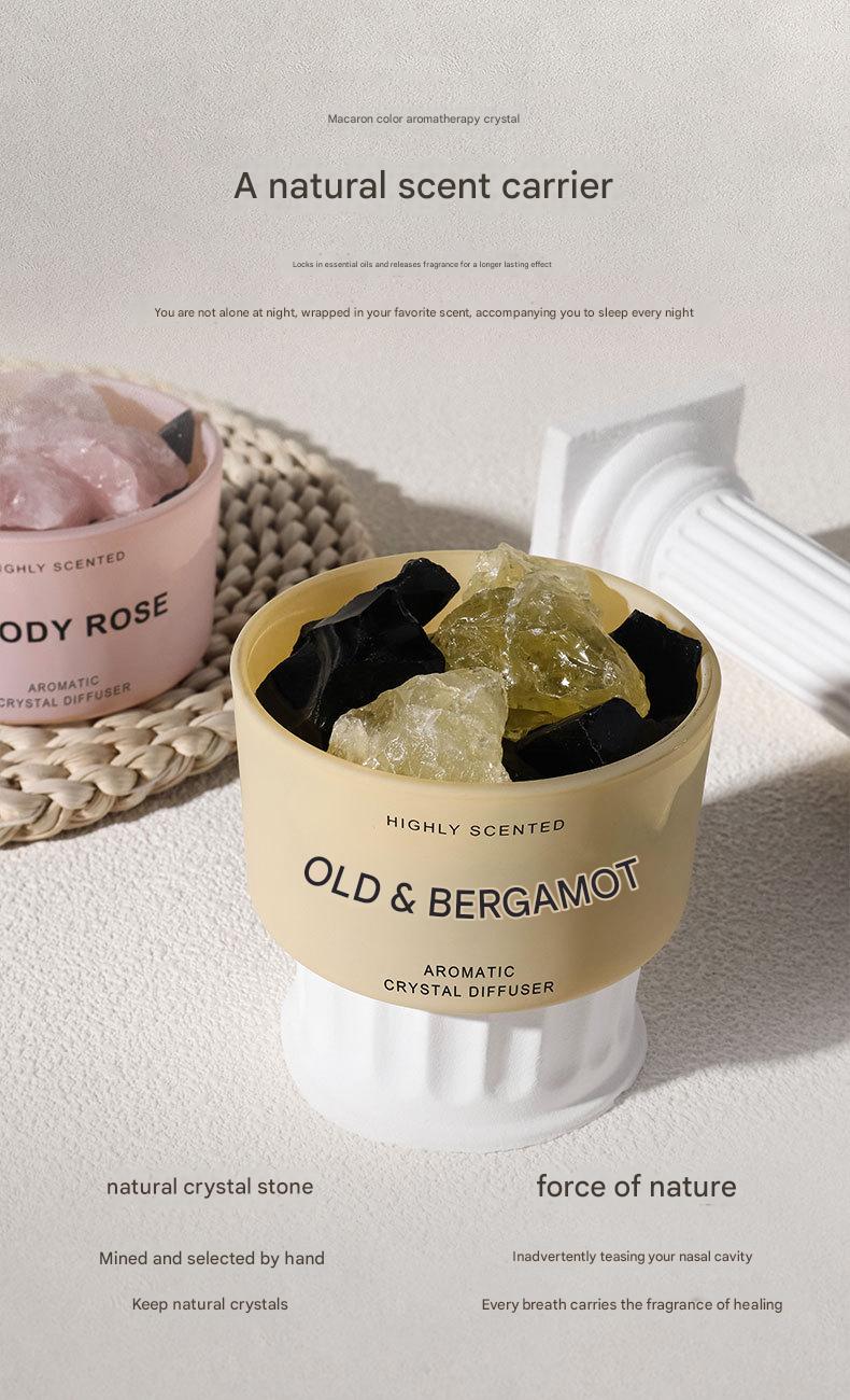 Crystal diffuser labeled 'Old & Bergamot' with text about a natural scent carrier on a light background.
