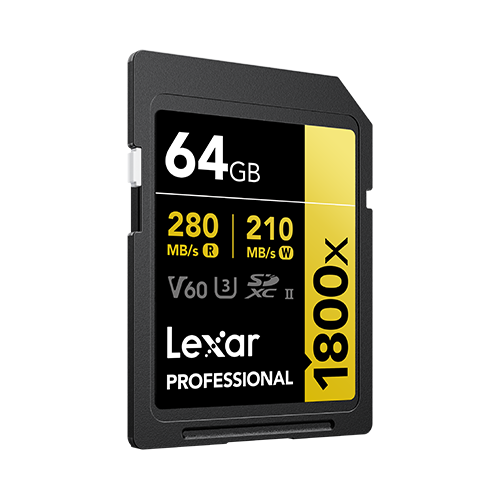 LEXAR PROFESSIONAL 1800X SDXC™ UHS-II CARD GOLD SERIES 64GB 
(up to 280MB/s read, up to 210MB/s write)