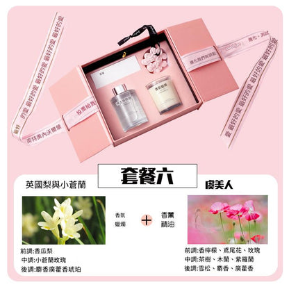 Pink gift set with a bottle and a candle, featuring floral images and text on a pink background.