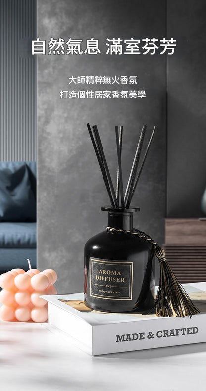 Aroma diffuser with decorative sticks on a table with a blurred background