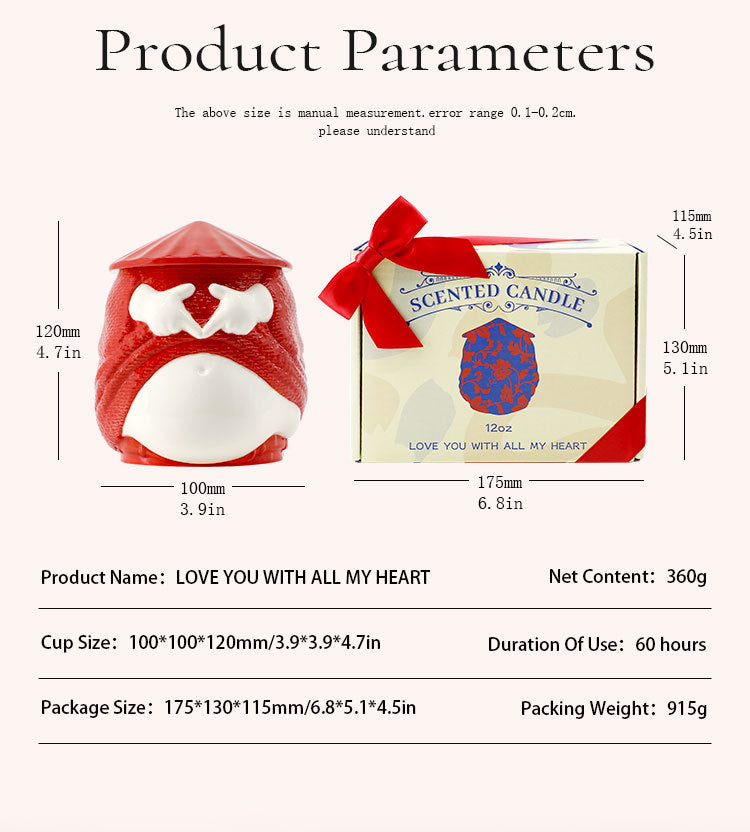 Scented candle with packaging and product parameters on a white background