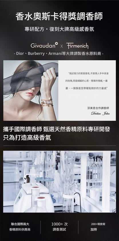 Advertisement for a perfume brand featuring a woman with a blindfold and laboratory setting.