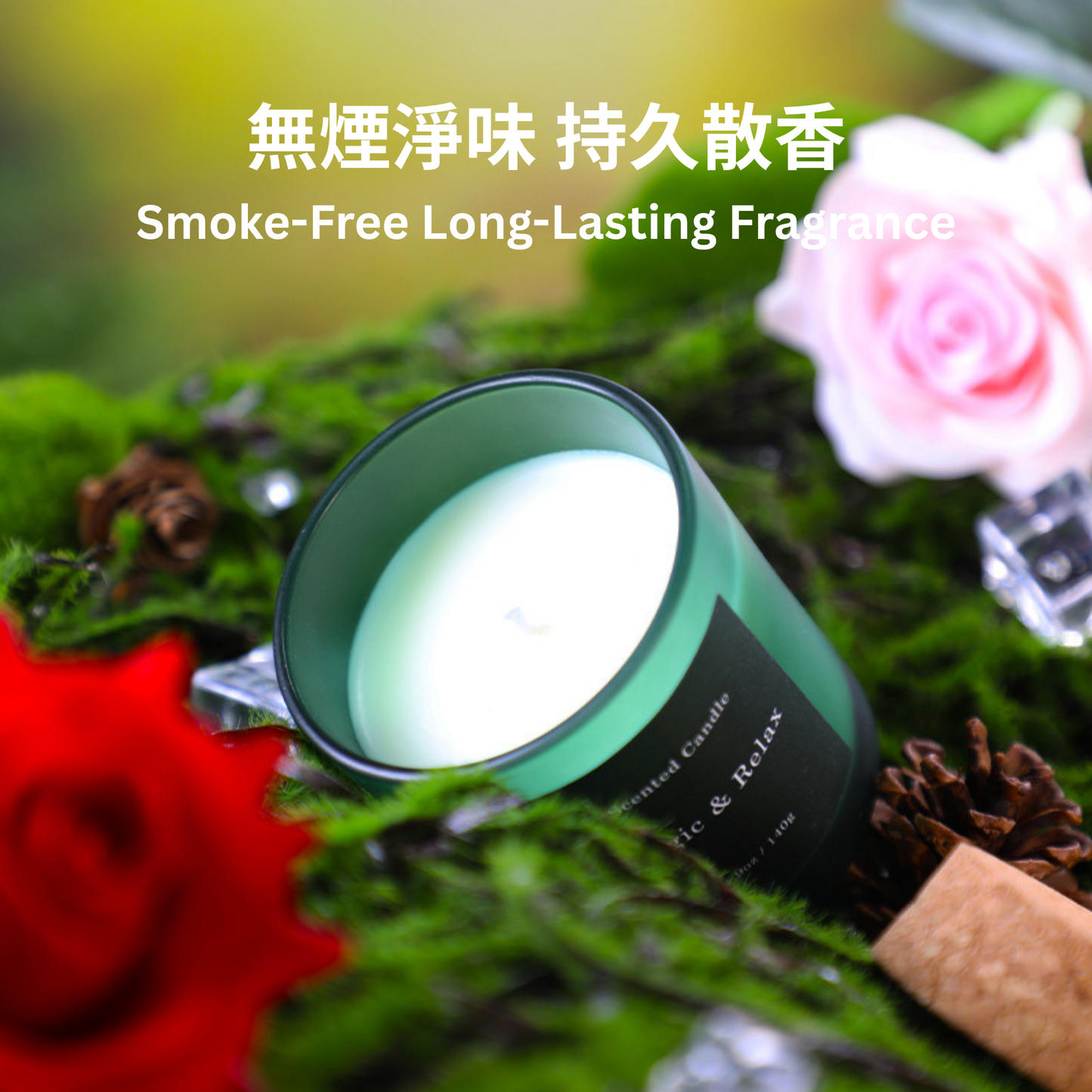 Candle with flowers and text on a natural background