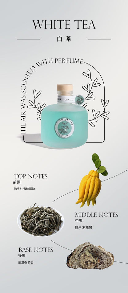 Tea packaging with tea leaves, flowers, and a bottle on a light gray background