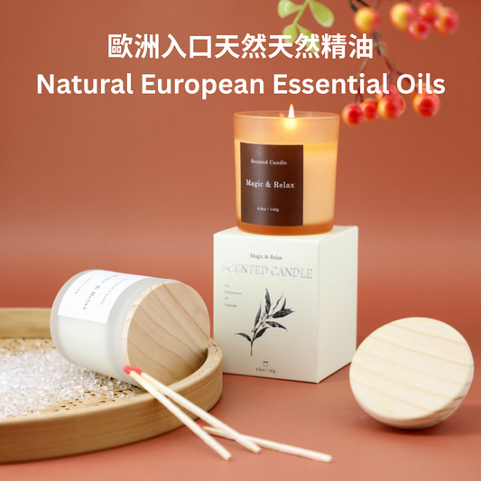Candle with packaging and natural items on a peach background, featuring text about natural European essential oils.