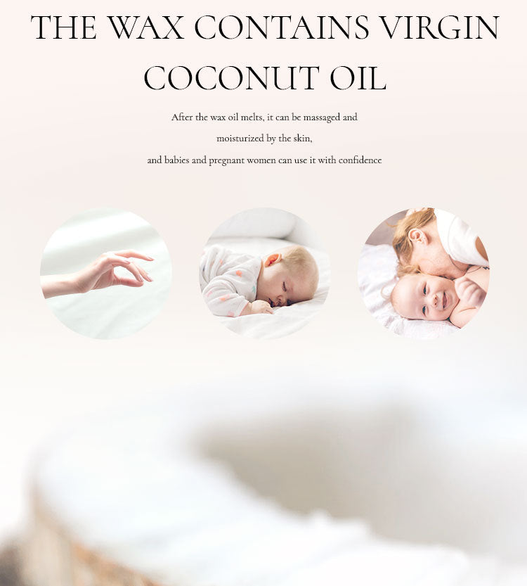 Two babies lying on a white blanket with text about virgin coconut oil wax.