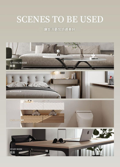 Collage of living room, bedroom, bathroom, and study room scenes with furniture and decor.