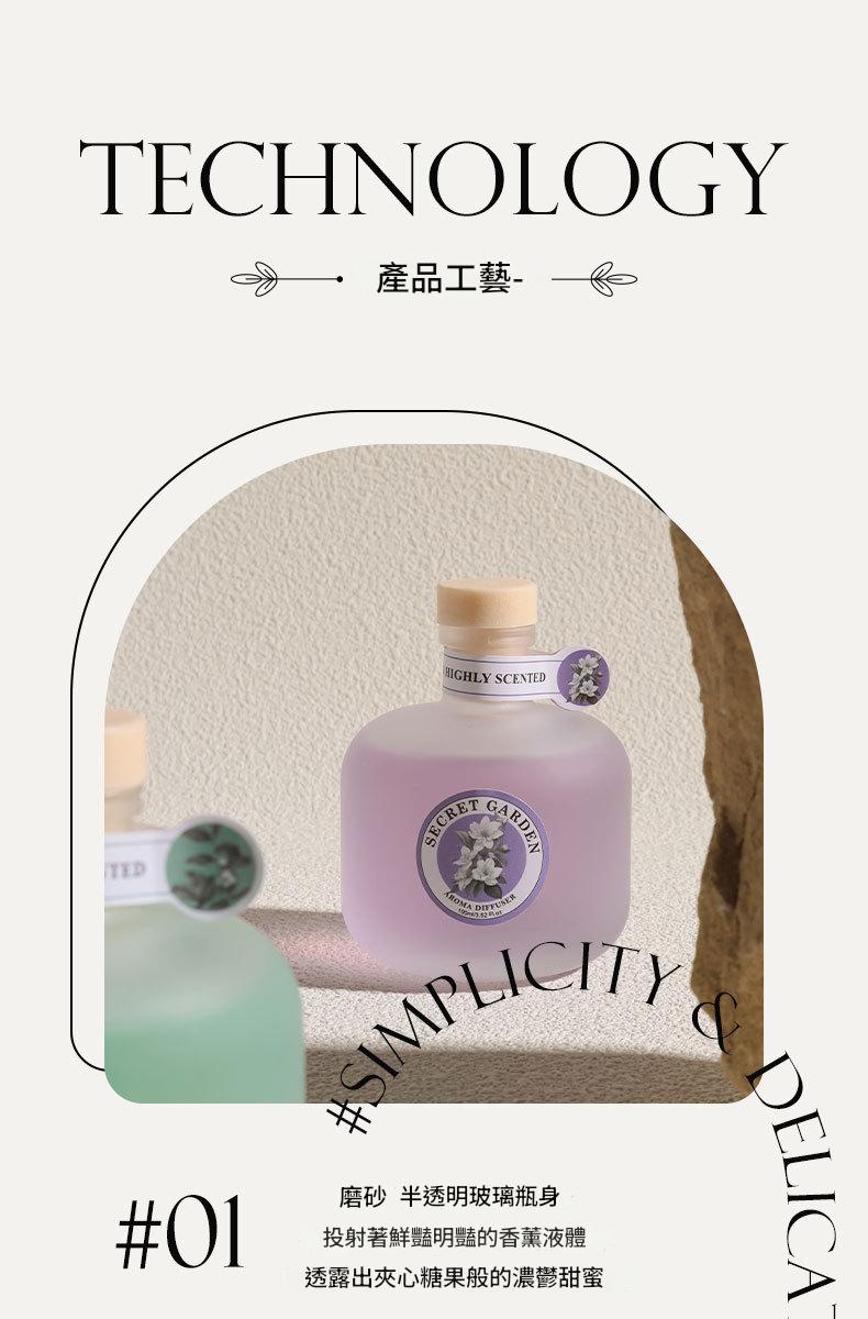 Purple bottle with a wooden cap on a textured surface, surrounded by text and branding elements.