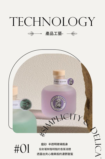 Purple bottle with a wooden cap on a textured surface, surrounded by text and branding elements.