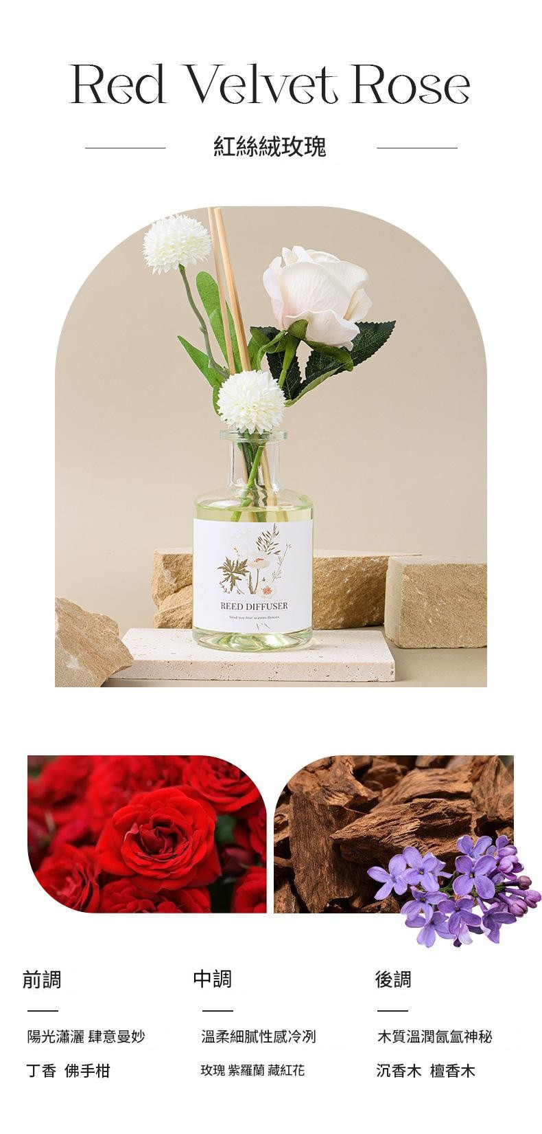 Floral product with a label on a neutral background, featuring red, white, and purple flowers.