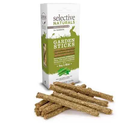 Box of Selective Naturals Garden Sticks for rabbits with sticks displayed in front on a white background