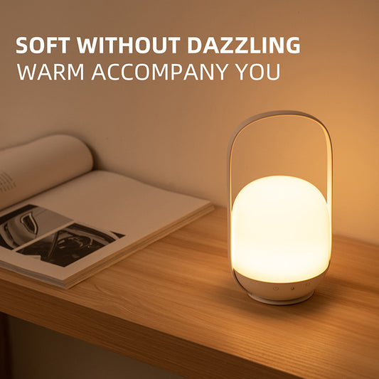 Futuristic lamp on a wooden surface with text 'Soft without dazzling, warm accompany you'.