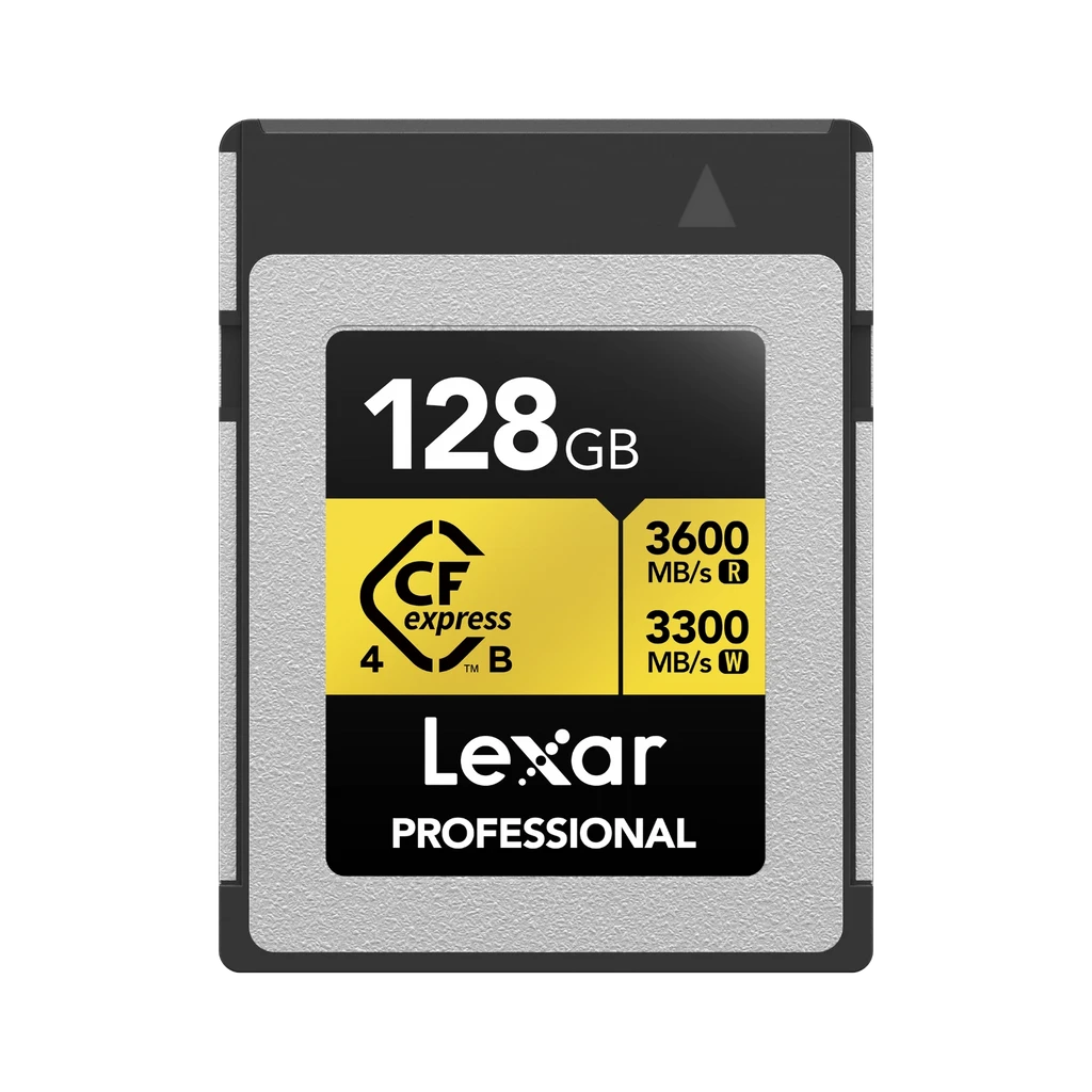 Lexar Professional 128GB CFexpress SDXC memory card with a black and silver design and a yellow speed label, shown on a plain white background.