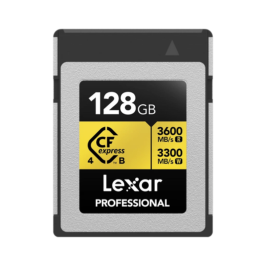 Lexar Professional 128GB CFexpress SDXC memory card with a black and silver design and a yellow speed label, shown on a plain white background.