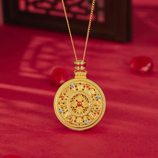 Silver necklace with a decorative pendant on a red background