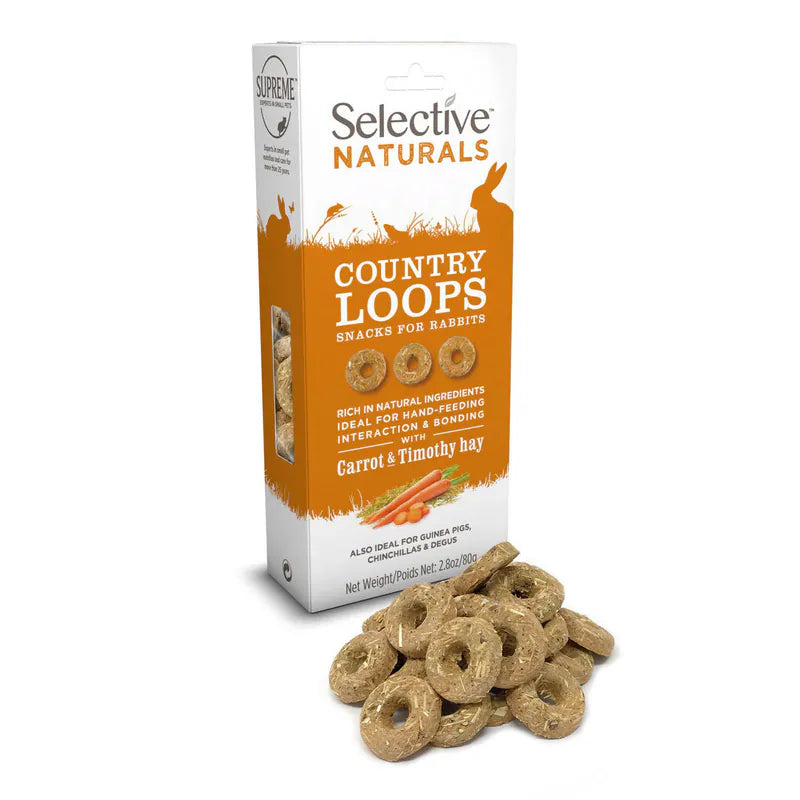 Box of Selective Naturals Country Loops snacks for rabbits with loose snacks in front