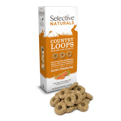 Box of Selective Naturals Country Loops snacks for rabbits with loose snacks in front