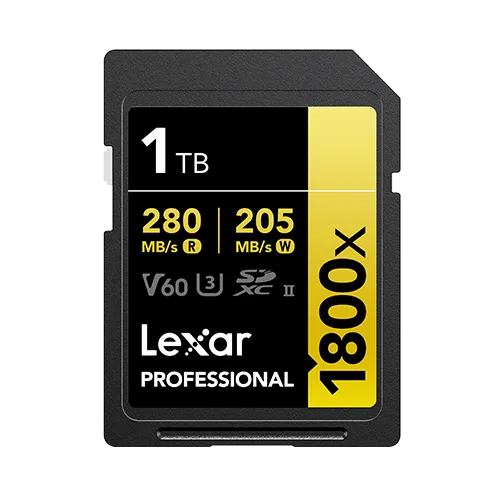 LEXAR PROFESSIONAL 1800X SDXC™ UHS-II CARD GOLD SERIES 1TB
(up to 280MB/s read, up to 205MB/s write)