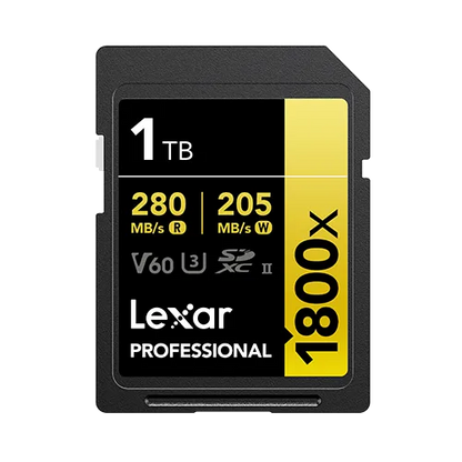 LEXAR PROFESSIONAL 1800X SDXC™ UHS-II CARD GOLD SERIES 1TB
(up to 280MB/s read, up to 205MB/s write)